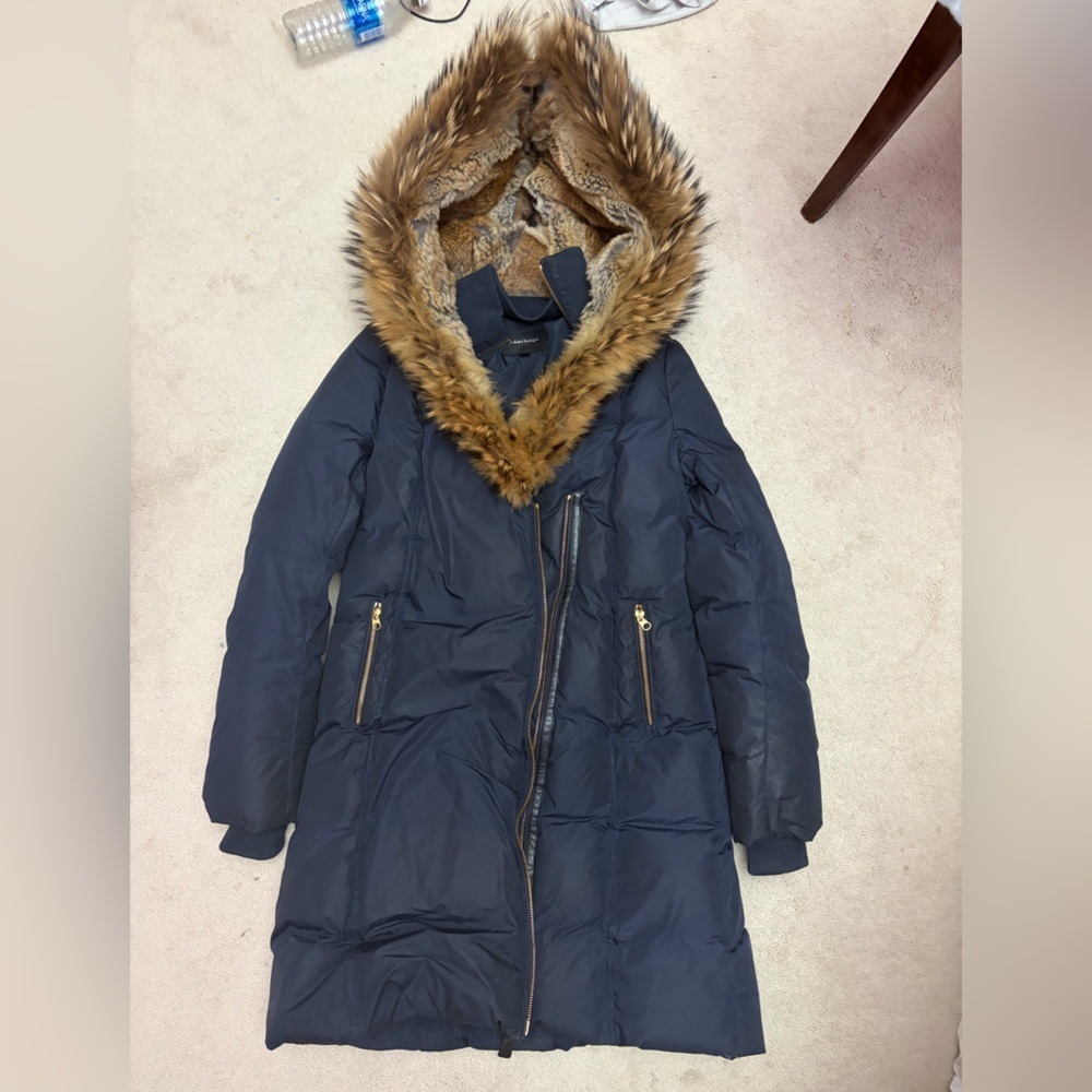 Mackage Dark Blue Puffer Coat with Brown Fur Trim